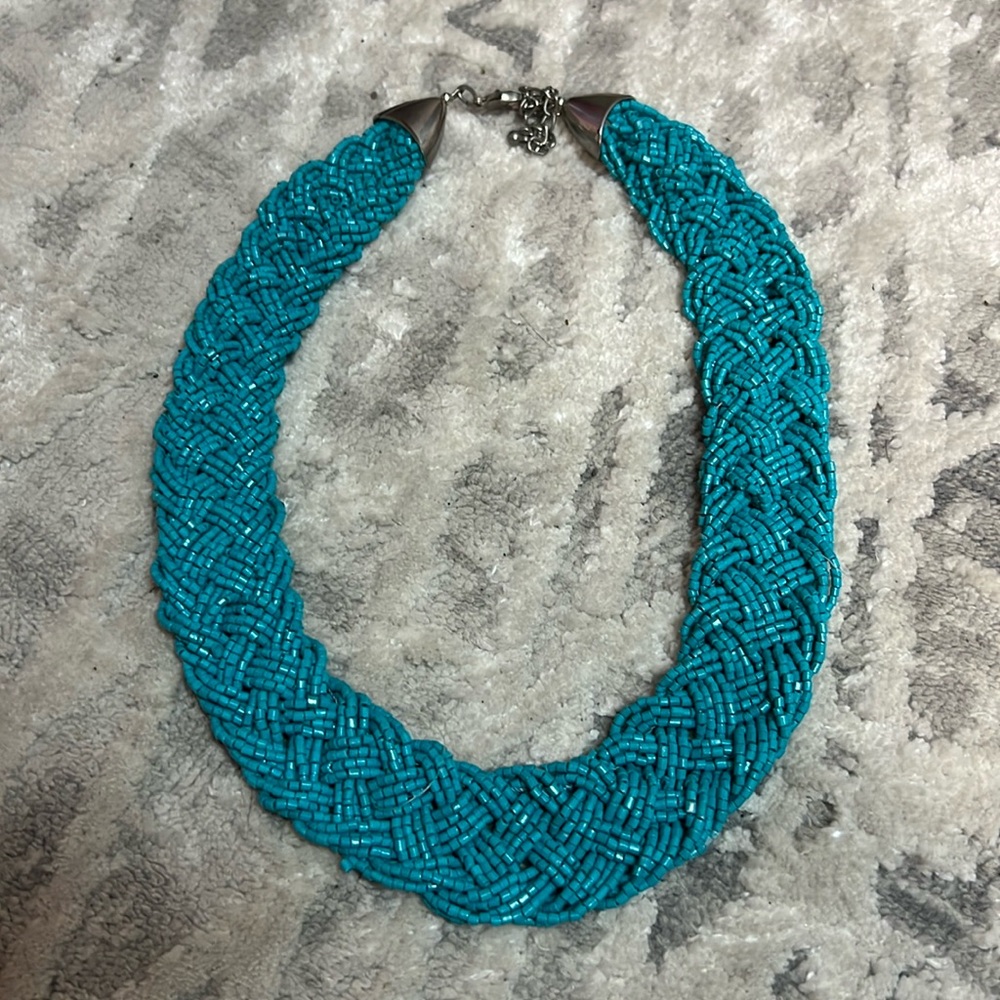 Chunky turquoise colored, micro seed beads necklace with silver clasp